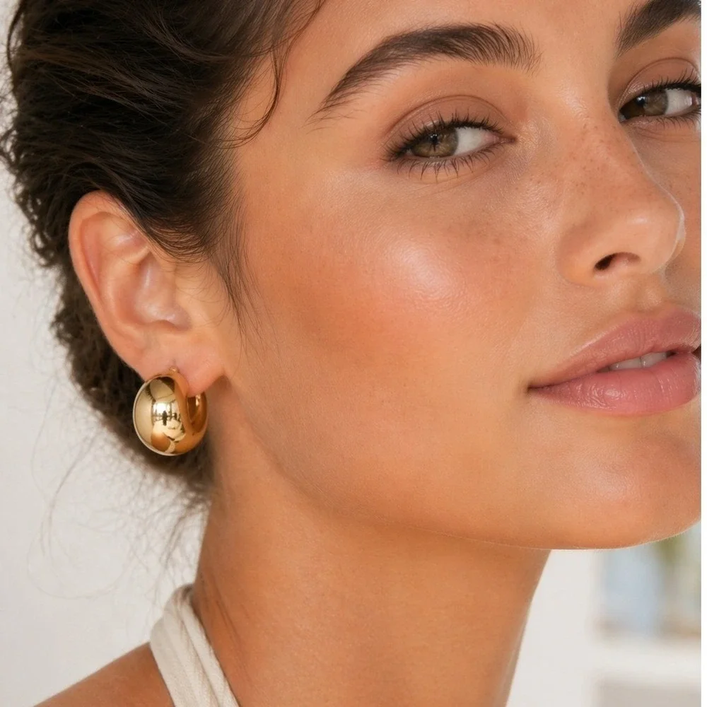Gold Tone Chunky Dome Hoop Earrings Women Statement Minimalist Jewelry